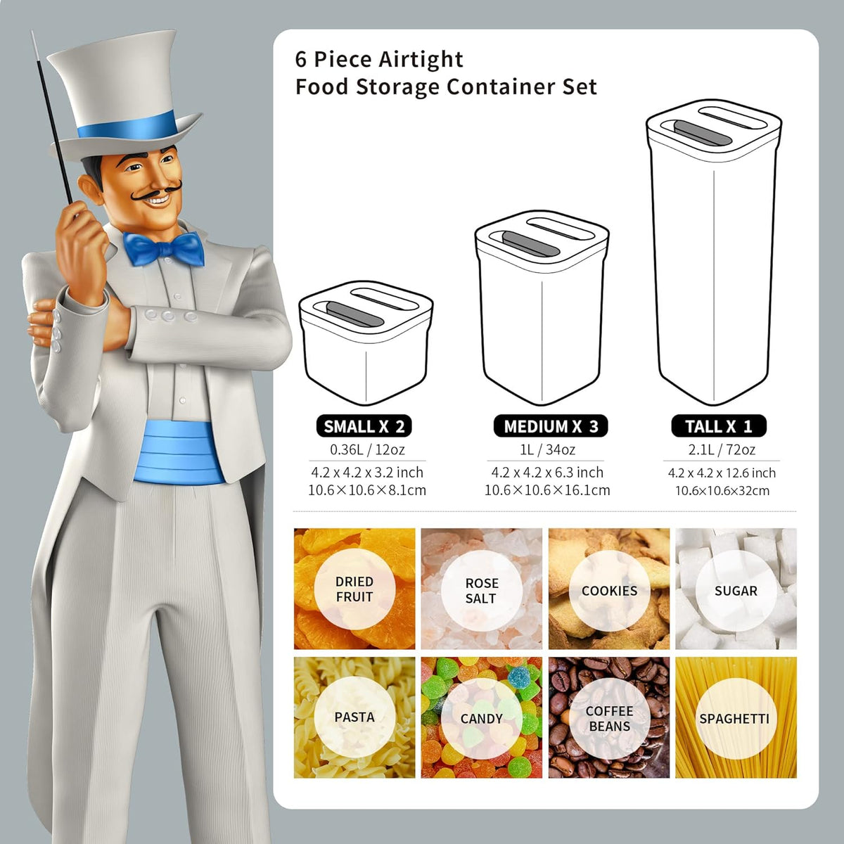 6 Piece Airtight Food Storage Container Set for Pantry Organization