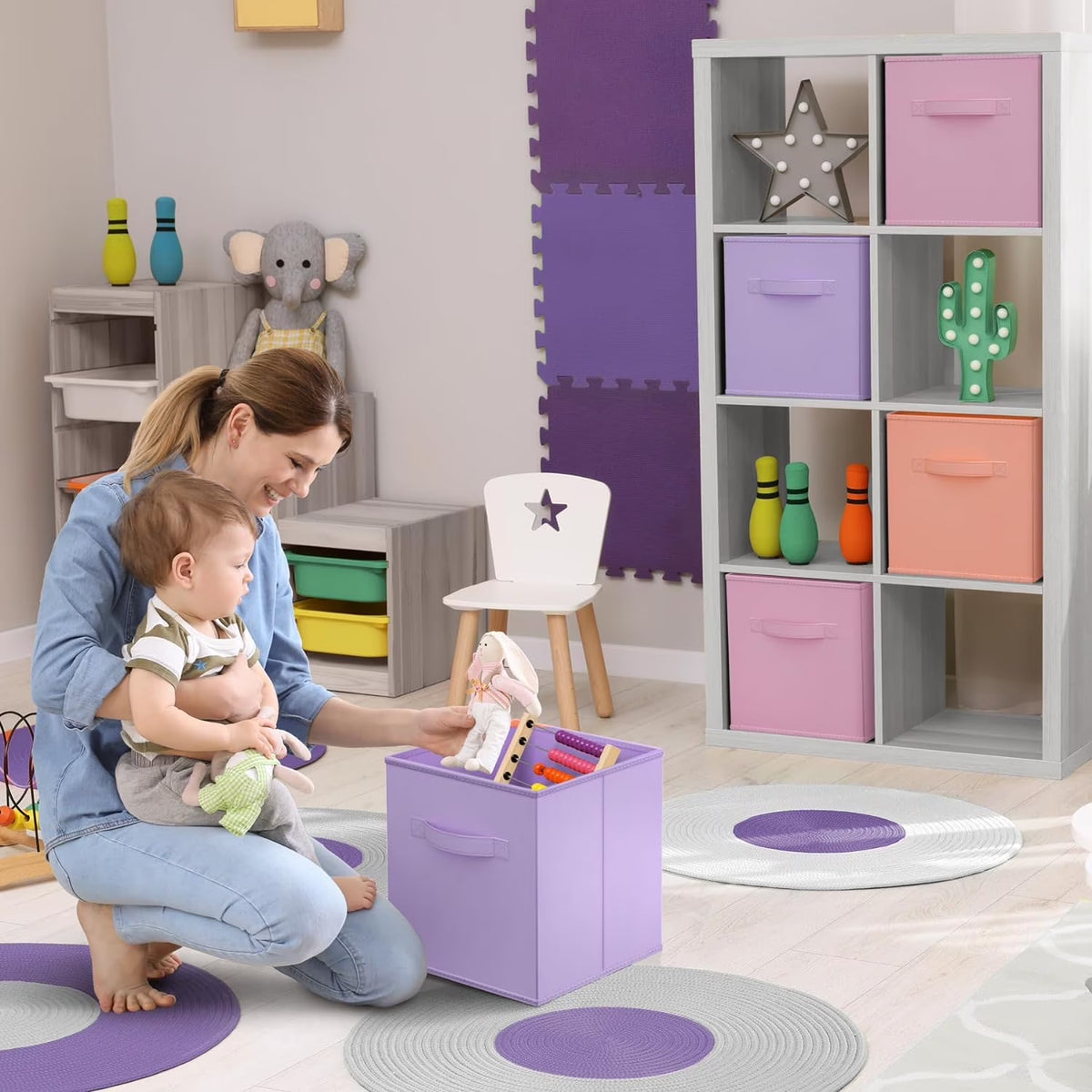 11" Storage Cube Bins (6-Pack) for Kid'S Nursery, Playroom, Home Organization - Pink, Orange, Purple