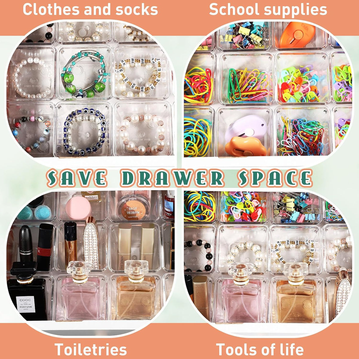 16 Pcs Stackable Clear Drawer Organizer 3" X 3" X 2" Storage Bins