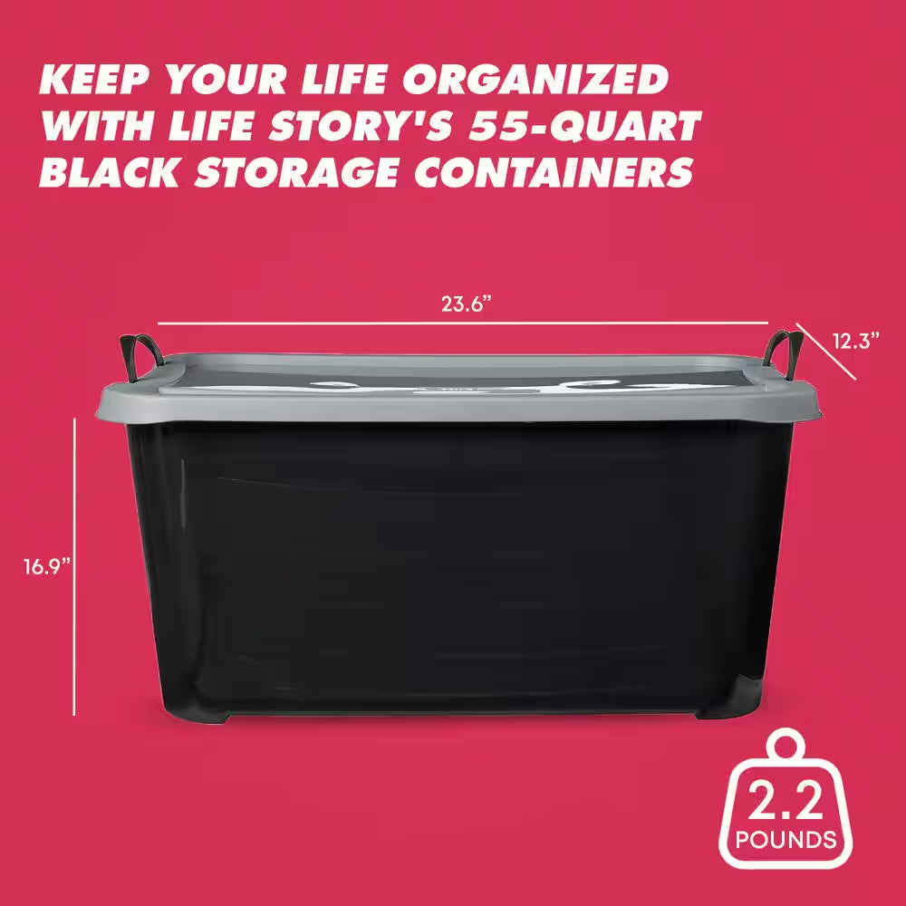 55 Qt Stackable Lidded Storage Containers in Black - Set of 6