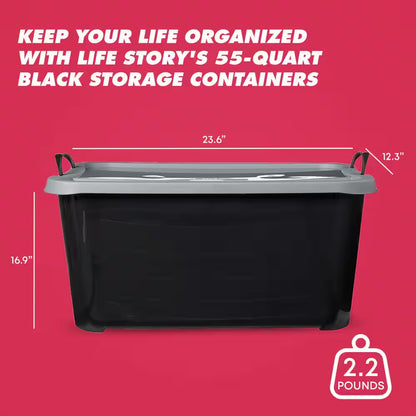 55 Qt Stackable Lidded Storage Containers in Black - Set of 6