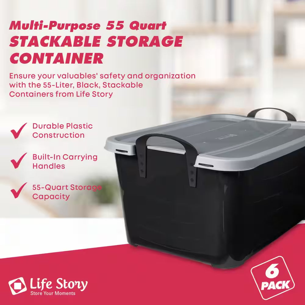 55 Qt Stackable Lidded Storage Containers in Black - Set of 6