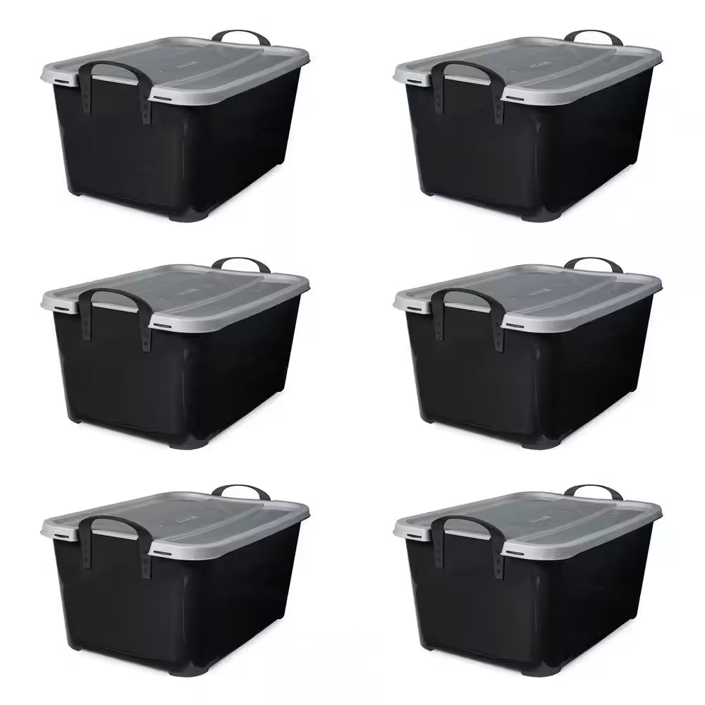55 Qt Stackable Lidded Storage Containers in Black - Set of 6