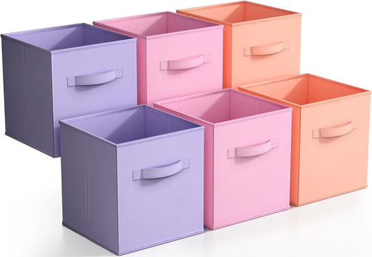 11" Storage Cube Bins (6-Pack) for Kid'S Nursery, Playroom, Home Organization - Pink, Orange, Purple