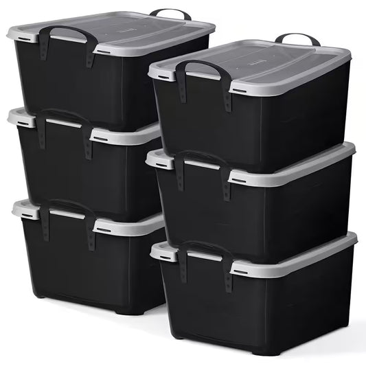 55 Qt Stackable Lidded Storage Containers in Black - Set of 6