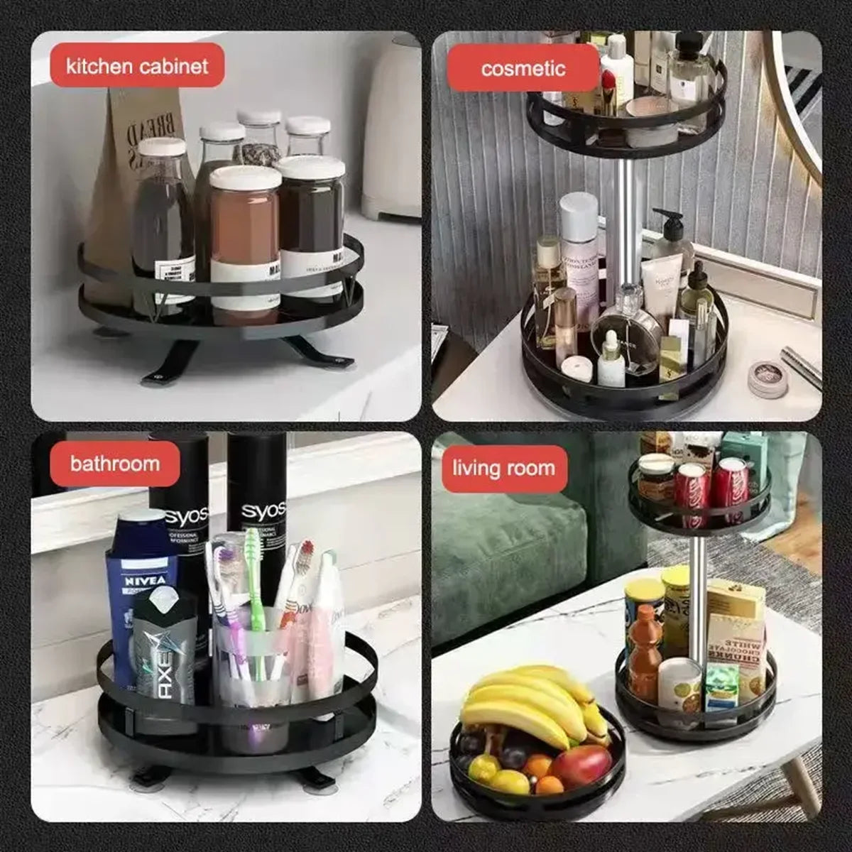 360° Rotation Carbon Steel Spice Rack Organizer Non-Skid Kitchen Storage Tray for Seasonings and Cans - Efficient Spice