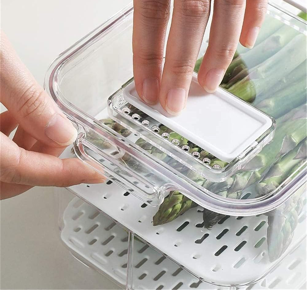 Fridge Storage Containers Bins Fresh Keeper Freezer Bins, Vegetable Fruit Storage Containers Fresh Container Produce Saver Organizer Keeper Bins with Lids Removable Drain Tray