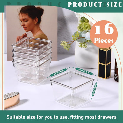 16 Pcs Stackable Clear Drawer Organizer 3" X 3" X 2" Storage Bins